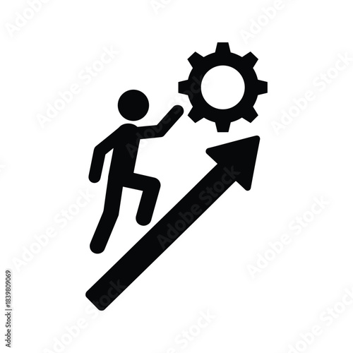 Person climbing up arrow with cogwheel representing technical growth and professional progress symbol
