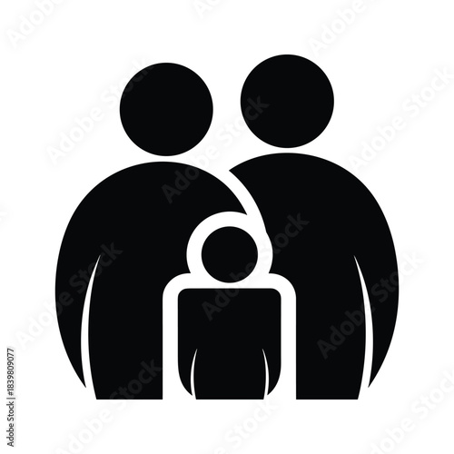 Family icon showing silhouette of parents and one child representing parental bond unity and togetherness concept