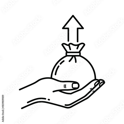 Financial success icon showing hand holding bag of money with upward arrow representing growth profit and investment returns