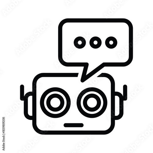 Robot head line icon with a speech bubble showing ellipsis for ai chat bot or artificial intelligence support