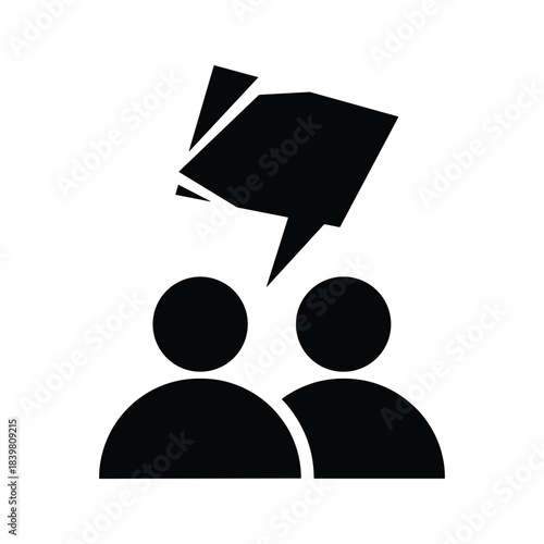 Two people figures with a sharp edged speech bubble representing communication discussion or news