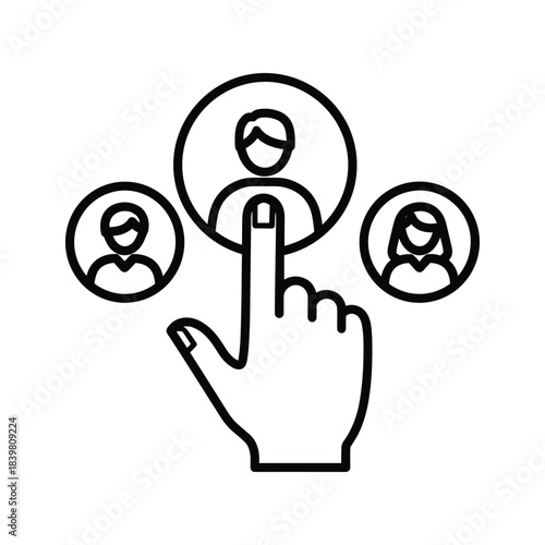 Hand pointing at male user profile selecting group members social network choosing avatar line icon