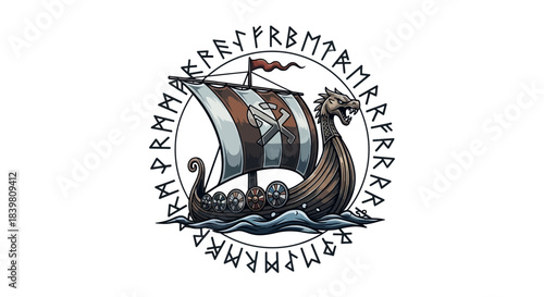 Viking ship sailing through stormy seas with dragon head bow