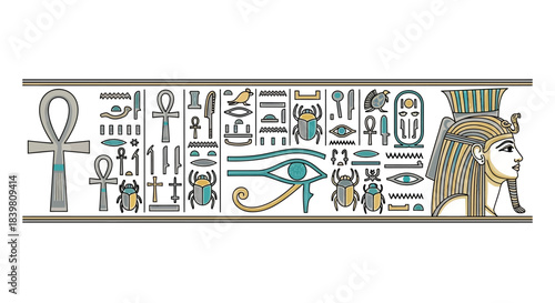 Ancient Egyptian hieroglyphics with pharaoh symbols and eye of Horus