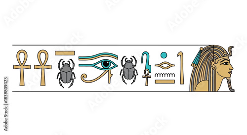 A decorative border featuring iconic ancient Egyptian symbols like the ankh, the Eye of Horus, scarab beetles, and a pharaoh's head in profile, rendered in a stylized flat design