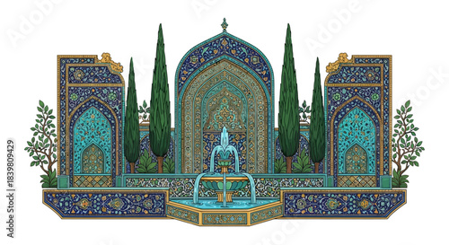 A detailed illustration of a traditional Islamic courtyard featuring intricate tilework, a central fountain, and tall cypress trees
