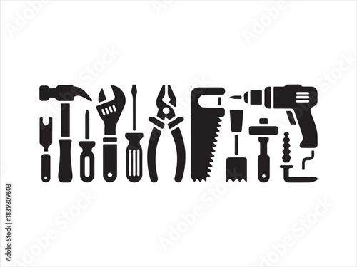 Collection of black silhouette icons representing various construction and repair tools hammer
