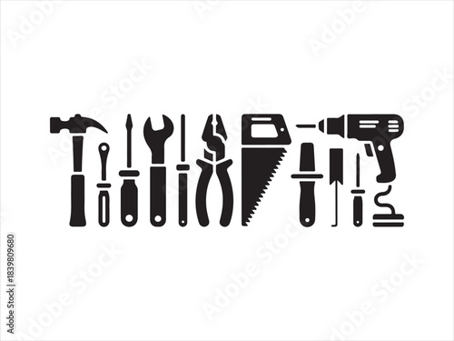 Collection of black silhouette icons representing various construction and repair tools hammer
