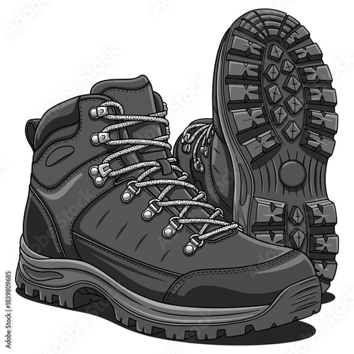 Pair of heavy-duty monochrome hiking boots with detailed lug sole