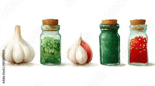 Fototapeta Naklejka Na Ścianę i Meble -  Watercolor illustration of garlic bulbs and corked spice jars with green herbs and red chili flakes
