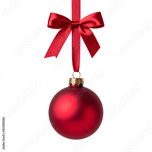 Festive Ornament Adorned: A radiant red ornament, suspended gracefully by a crimson ribbon and bow, symbolizes the spirit of the festive season.
