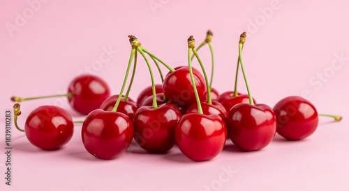 Wallpaper Mural Cluster of ripe, glossy red fruit with green stems resting on a light pink surface Torontodigital.ca