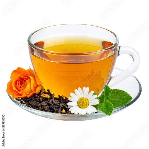 Aromatic Tea Moment: A glass teacup, holding a warm brew with floral accents, sits on a delicate saucer. Enhancing the experience, a vibrant rose, chamomile, and fresh mint.