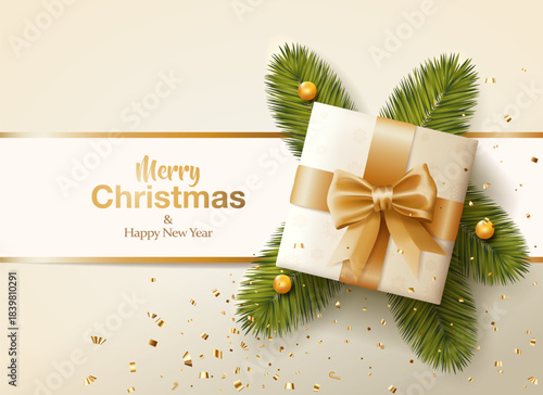 Christmas background with realistic decorations including gift boxes, glitter flakes and Christmas tree