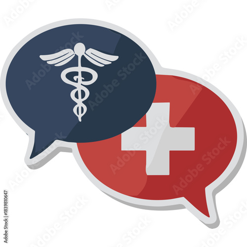 Medical Communication Icons With Caduceus Symbol In Blue Speech Bubble And Red Cross In Red Speech Bubble With White Outline And Shadow On Black Background Representing Healthcare Discussion And