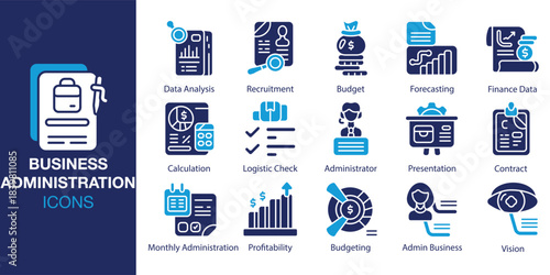 Business Administration Icon set. Containing corporate, finance, accounting, marketing, planning and more. Solid vector icons collection. Vector illustration.