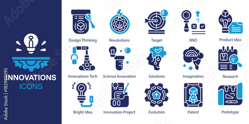 Innovations Icon set. Containing progress, future, change, disruption, solution and more. Solid vector icons collection. Vector illustration.