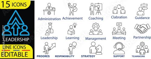 Leadership icon set. Containing leader, vision, guidance, mentorship, coaching, influence, line icons, challenge, lead and more. Vector illustration. Solid icons collection.