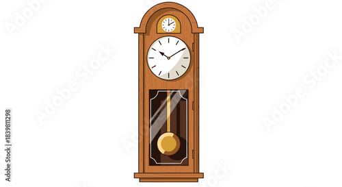 A traditional wooden grandfather clock with a white face and pendulum on Christmas day against a plain background.