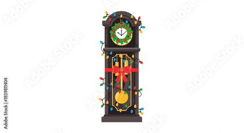 A tall, dark brown grandfather clock decorated with colorful Christmas lights and a red bow, standing against a plain white background with a focus on holiday decoration and engineering