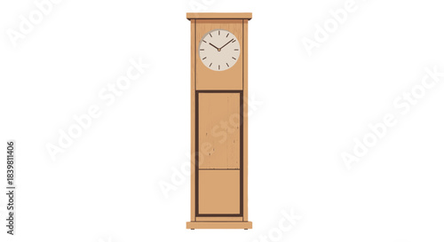 A tall, light-brown grandfather clock with a white face against a clean white background, showcasing traditional engineering and industry design elements.