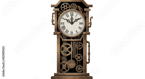A close-up shot of a grandfather clock with exposed engineering mechanisms and industrial design elements on a plain white background.