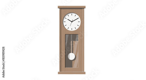 A traditional brown grandfather clock with a white face and pendulum, displayed against a plain white background with warm tones and a focus on engineering and industry.