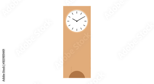 A tall grandfather clock with a white face and brown wooden body standing alone against a plain white background, showcasing its classic design and engineering precision in an industrial
