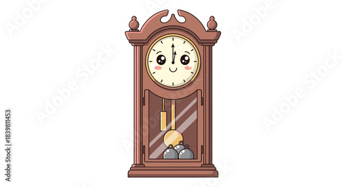 Illustration of a traditional brown grandfather clock with a pendulum and weights on a plain white background, showcasing engineering and industry concepts.