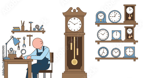 Clockmaker meticulously repairing an antique grandfather clock amidst a collection of various timepieces on shelves, showcasing precision and craftsmanship