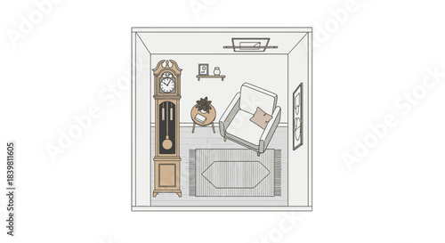 Cozy living room interior with a grandfather clock and armchair