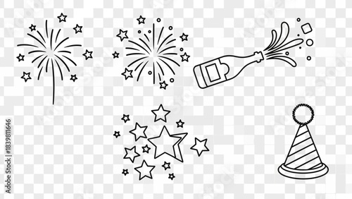 Celebratory Festive Illustration: A collection of festive illustrations, with fireworks, stars and champagne bottle. evoking feelings of celebration, joy and new beginnings.