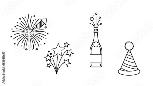 Festive Illustration: A celebratory illustration featuring fireworks, a bottle of champagne, and a party hat, perfect for evoking moments of joy and triumph.