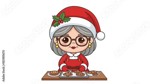 Mrs. Claus' Cookie Delight: A charming illustration depicts Mrs. Claus, adorned in festive attire, presenting freshly baked cookies on a wooden tray.