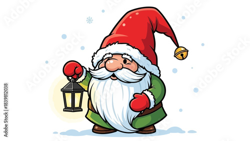 Holiday gnome: a jolly gnome stands, a festive symbol of holiday cheer. Bearing a lantern. 