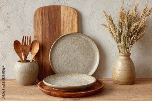 Wallpaper Mural Rustic kitchen scene with ceramic plates wooden cutting board and dried wheat in a vase Torontodigital.ca