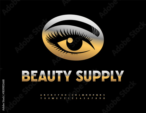 Vector Fashion badge Beauty Supply with Decorative Female Eye illustration. Glamorous Gold Font. Stylish set of Trendy Alphabet Letters and Numbers