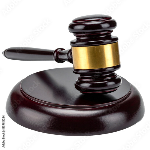 Gavel on a Stand: A symbol of justice and authority rests on its wooden stand, ready to uphold the law in a court of law. The intricate design and craftsmanship of the gavel is visible.