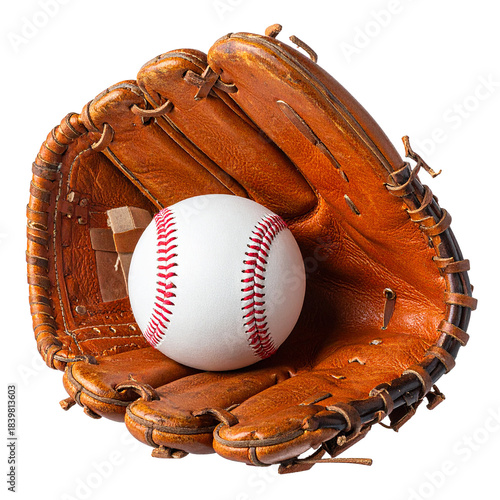 Baseball Glove and Ball: Close-up studio shot of a classic baseball glove cradling a pristine baseball. a symbol of the sport.