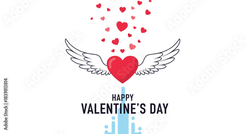 Happy Valentine's Day greeting card featuring a vibrant red heart with white wings and small hearts raining down, symbolizing love and romance.