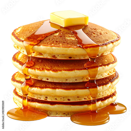 Golden Pancakes: A stack of fluffy, golden pancakes, drizzled with sweet syrup and topped with a pat of melting butter. Capturing the essence of breakfast indulgence.