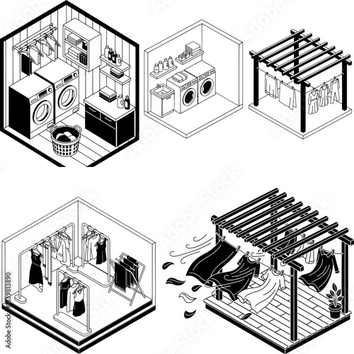 Isometric Laundry Room and Clothes Drying Process Set