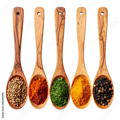 A Symphony of Spices: Five wooden spoons, each showcasing a vibrant array of culinary spices, promise to enhance any gastronomic creation. A culinary delight.