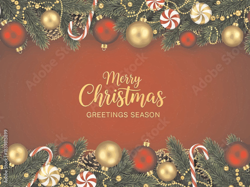 Horizontal red Merry Christmas and Happy New Year greeting card header banner in paper art style with snowy winter landscape snow covered trees for holiday message and festive background	