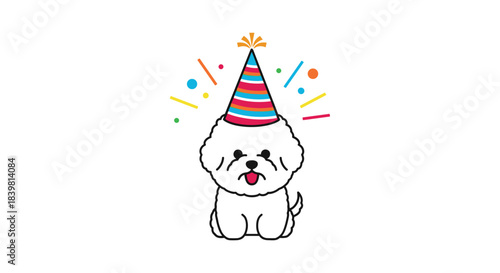 An adorable cartoon white dog, possibly a Bichon Frise, happily celebrates wearing a vibrant striped party hat amidst colorful confetti.