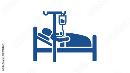 Patient Lying In Hospital Bed Receiving Intravenous Fluid Infusion Via IV Drip Stand Medical Treatment and Healthcare Concept Blue Icon on Black Background