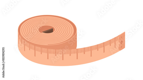 Peach Colored Fabric Measuring Tape Rolled Up With Numerals and Markings On A Black Background