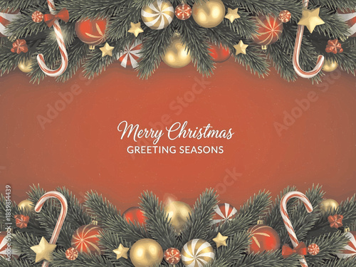 Horizontal red Merry Christmas and Happy New Year greeting card header banner in paper art style with snowy winter landscape snow covered trees for holiday message and festive background	