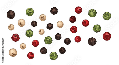 A vibrant mix of isolated dried peppercorns in black, white, green, and red colors, randomly spread over a clean white background.