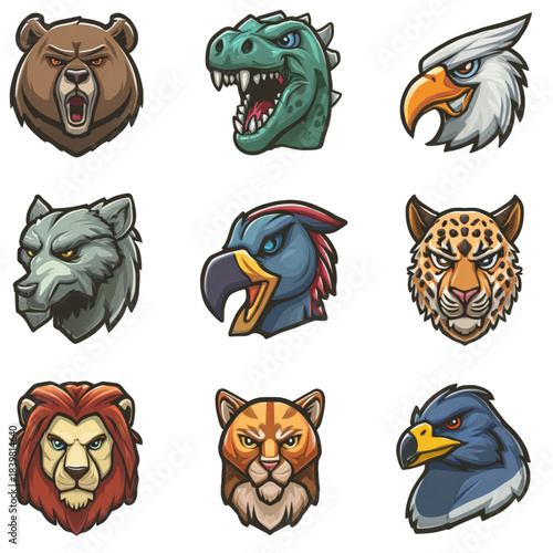 Set of fierce animal head mascots for sports teams.